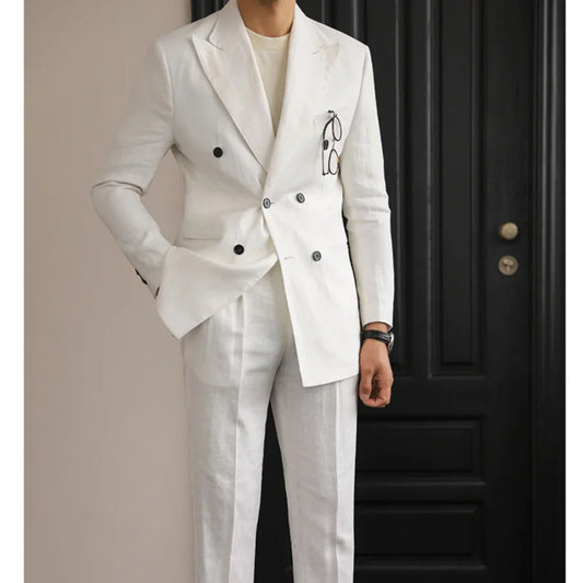 Linen Double Breasted Tuxedo Jacket | Slim-Fit