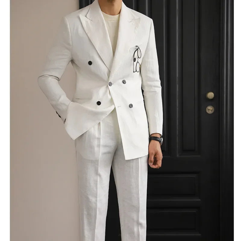 Linen Double Breasted Tuxedo Jacket | Slim-Fit