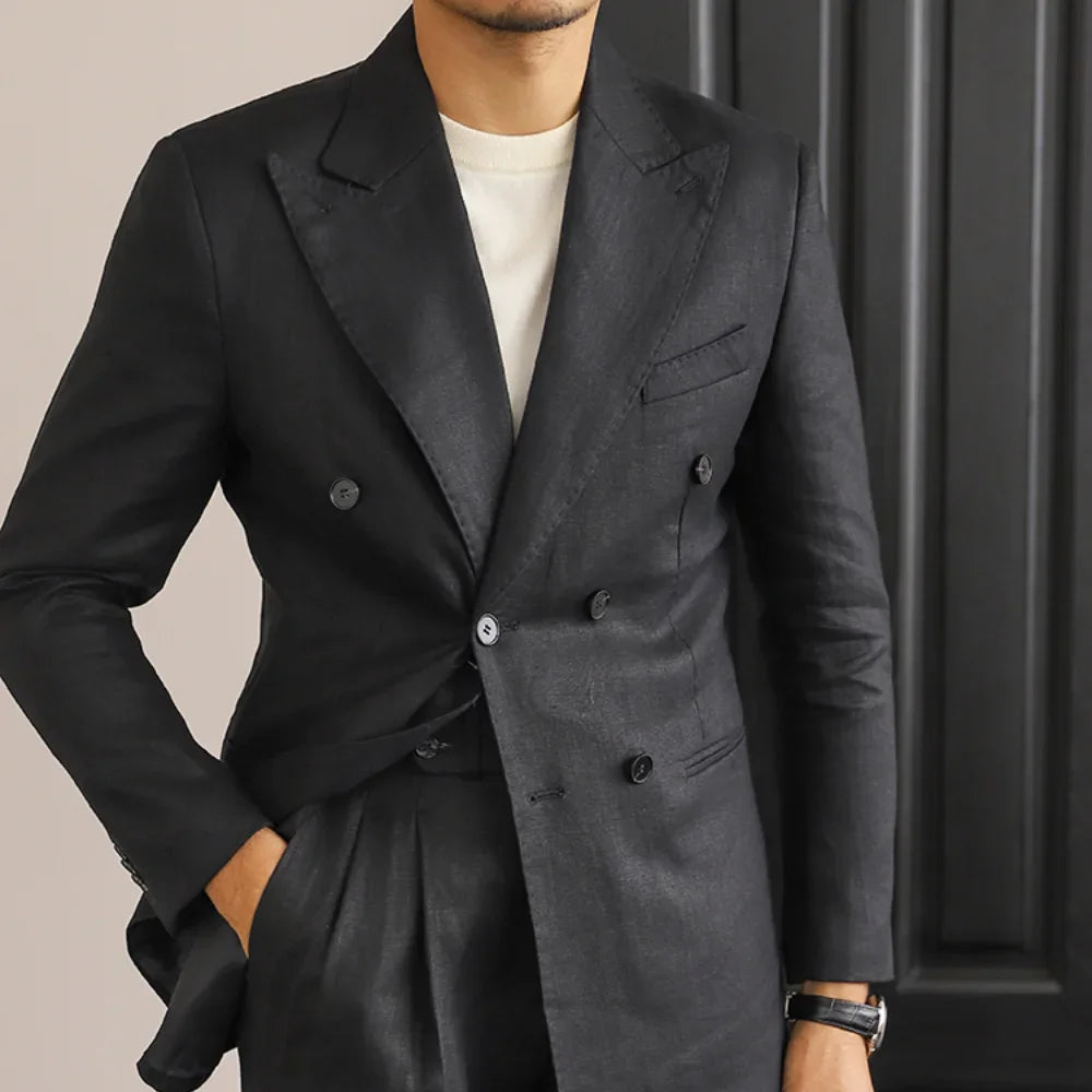 Linen Double Breasted Tuxedo Jacket | Slim-Fit