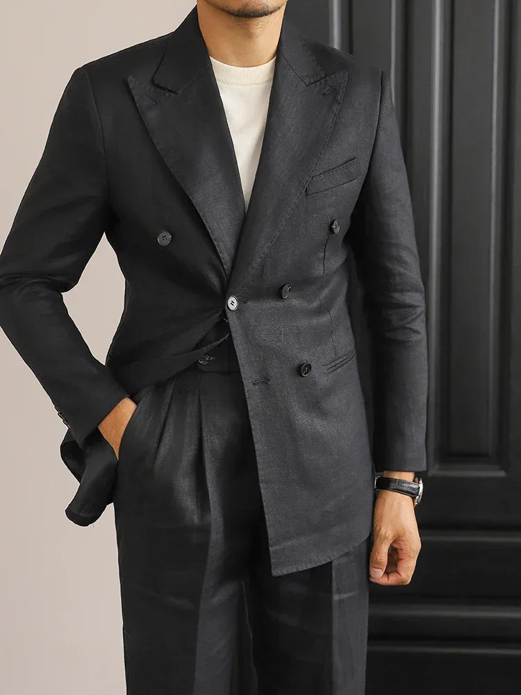 Linen Double Breasted Tuxedo Jacket | Slim-Fit
