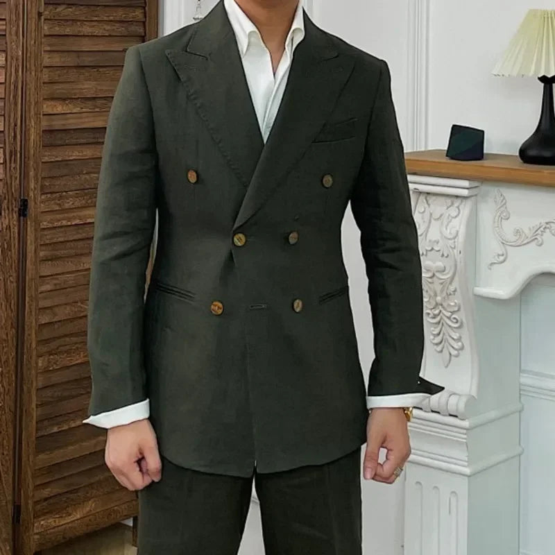 Linen Double Breasted Tuxedo Jacket | Slim-Fit